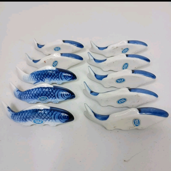 Vintage Chopstick Rests Blue Ceramic Fish Figurines Japan Marked - 10 PCS - Picture 2 of 7